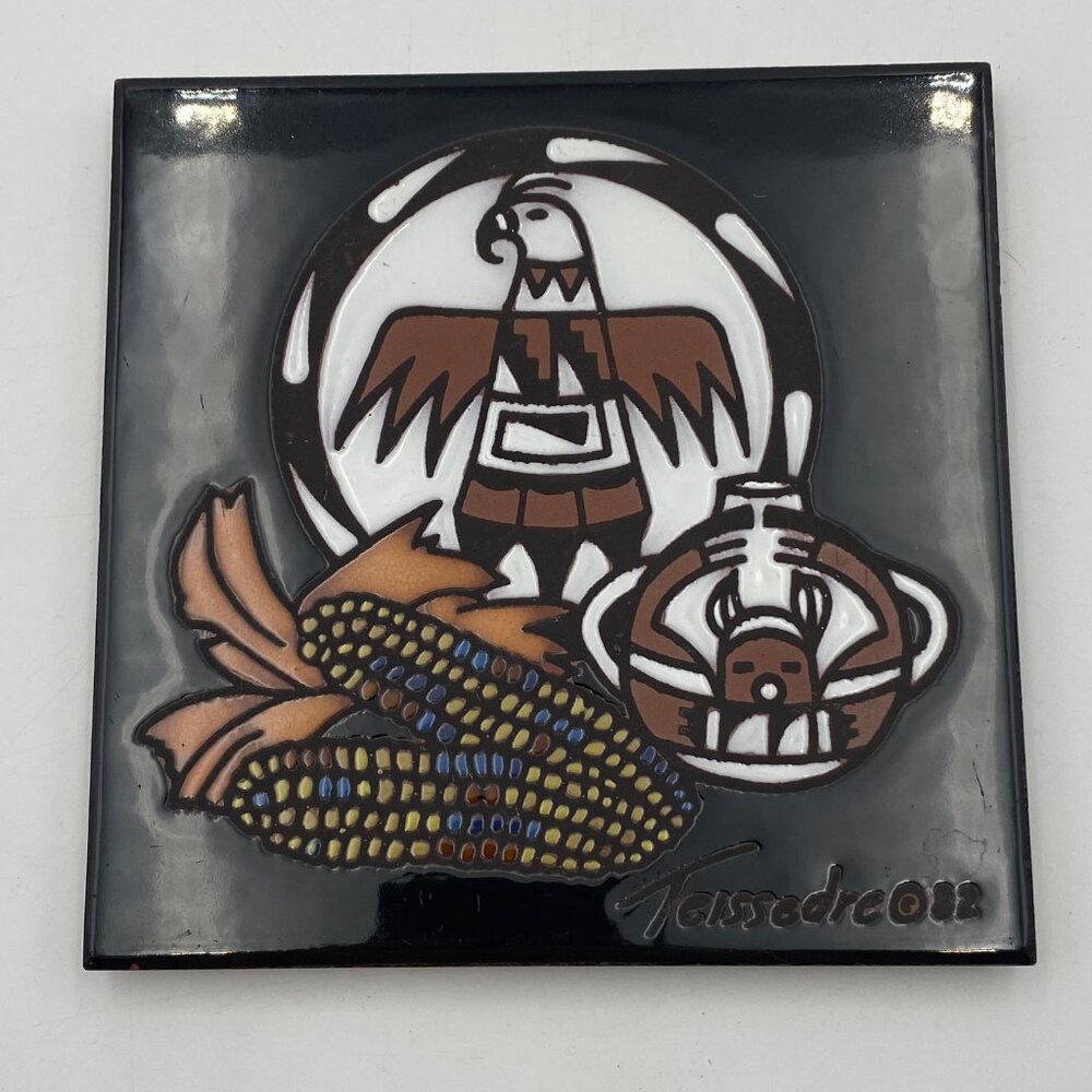 Cleo Teissedre Trivet Tile Native American Bird Corn Southwest Art Pottery CHIP
